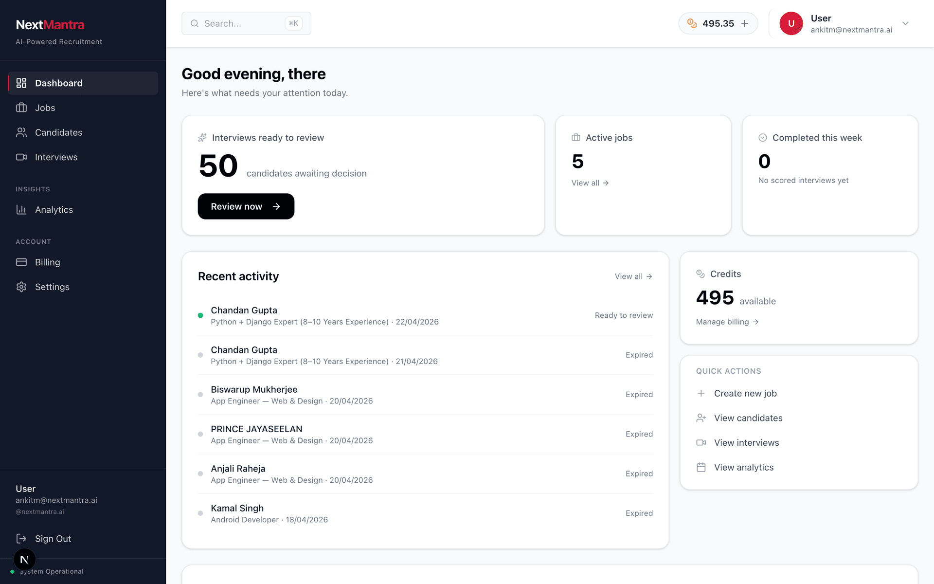 A to Z Interview recruiter dashboard: candidates awaiting review, active jobs, and recent activity