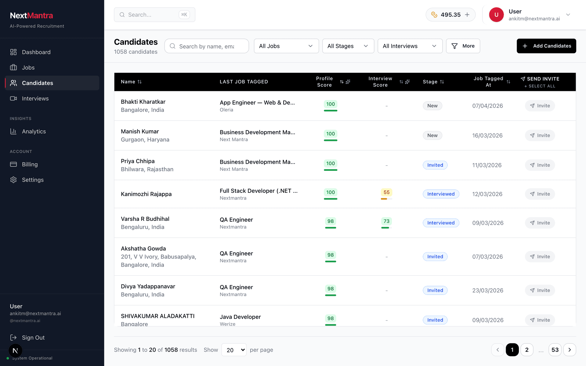 A to Z Interview candidate list with AI profile scores, ranked by match