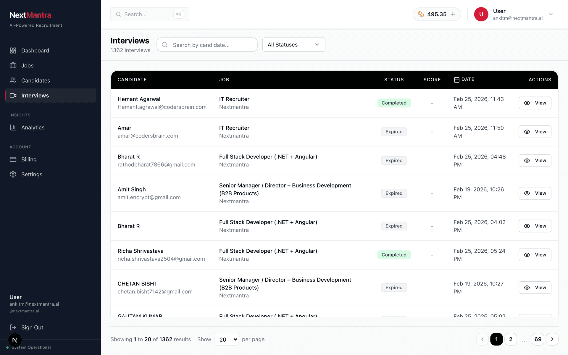 A to Z Interview interview pipeline with candidates, jobs, status, and scoring
