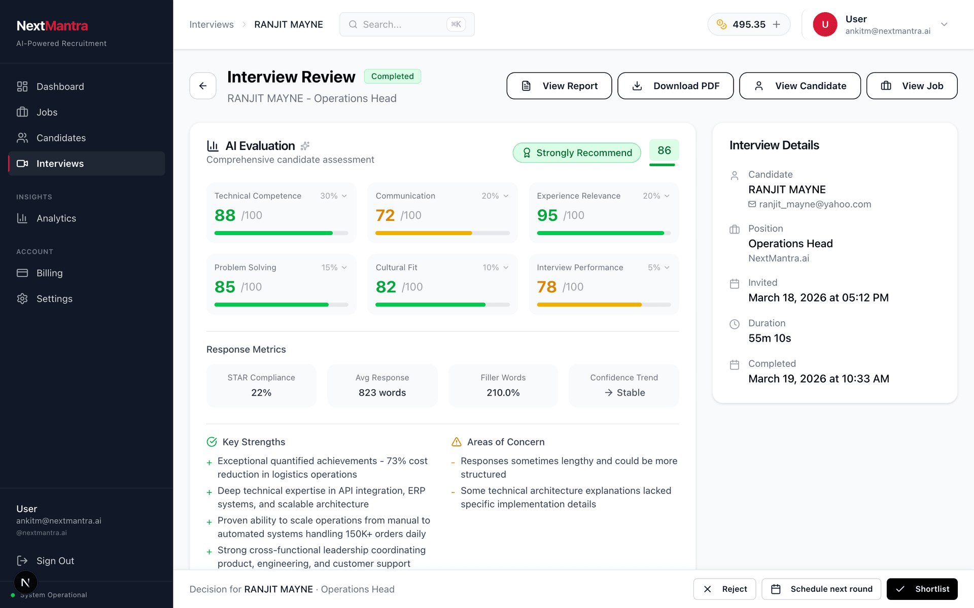 A to Z Interview interview evaluation: 6-dimension scoring, strengths, concerns, and Strongly Recommend verdict